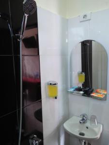 图克图克佐儿天堂水畔酒店的带淋浴、盥洗盆和镜子的浴室