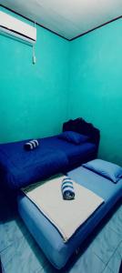 SaonekRaja Ampat Sandy Guest House的绿墙客房的两张床