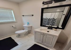 纽约Cozy One Bedroom Apartment At UWS的一间带卫生间、水槽和镜子的浴室