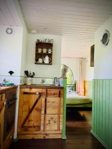 索恩堡Eulennest - Tiny House im Habichtswald的一个带水槽的厨房和一张位于客房内的床