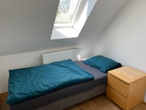 HoÅ¡Å¥kaJelen的一间卧室配有一张带蓝色床单的床和一扇窗户。