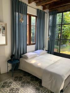 尼翁'Le Petit Clos Suites'- Charming Garden Villa on Leman Lake的一间卧室配有一张带蓝色窗帘的大床