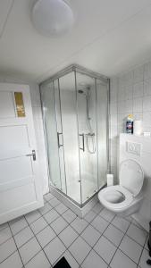 兹沃勒Het achterdek的带淋浴和卫生间的白色浴室
