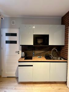 卡托维兹Apartamenty 1-maja 94的厨房配有白色橱柜和水槽