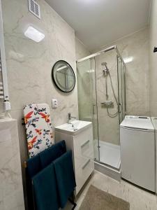 卡托维兹Apartamenty 1-maja 94的带淋浴、盥洗盆和镜子的浴室