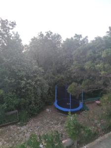 诺瓦利娅Apartmani BRUNO的一条有树的院子中的蓝色蹦床