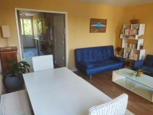 普罗旺斯艾克斯Grand appartement de charme calme et lumineux parking compris的客厅配有桌子和蓝色沙发