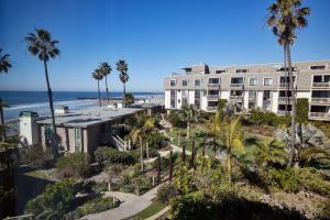 奥欣赛德Surf 'n Sand的棕榈树和海滩公寓大楼