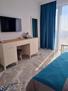 奥林普Meduza Hotel的一间卧室配有书桌和一台电视