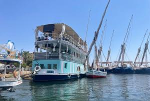 卢克索Floating Hotel- Happy Nile Boat的船与其他船一起停靠在水中