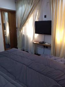 拉各斯Cozy Comforts的一间卧室设有一张带电视和窗户的床。