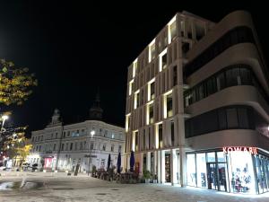 菲拉赫Luxury Apartment Villach City的夜幕降临的城市街道上
