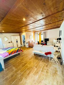 Montaña Blancahotel rural GA7COLORES only adult的大房间设有两张床和木制天花板