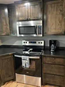 西斯科Lobo Lake Cabin的厨房配有炉灶和微波炉。