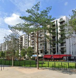 伦敦Luxury en-suite room Olympic Village in shared apartment的建筑物前公园里的树