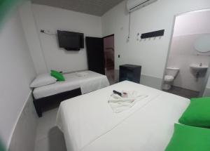 Hotel Oiti的一间酒店客房,设有两张床和电视
