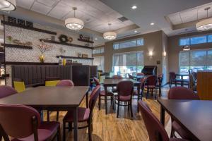 亨茨维尔Drury Inn & Suites Huntsville Space & Rocket Center的用餐室设有桌椅和窗户。