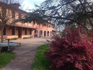 特雷维索达尼诺提农家乐的粉红色灌木旁的砖砌走道建筑
