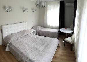 阿普苏奇耶姆斯安娜别墅酒店的一间卧室设有两张床、一张桌子和一个窗口