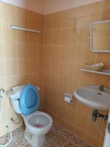 芭东海滩芭东玫瑰宾馆的浴室设有卫生间、蓝色盖子和水槽