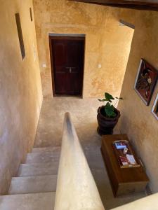 拉穆Ttunu House的一条有盆栽和门的楼梯
