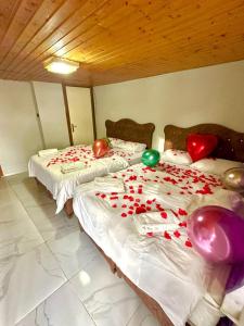 伊斯坦布尔HOTEL RAYDON的两张睡床,上面有情人节心和气球
