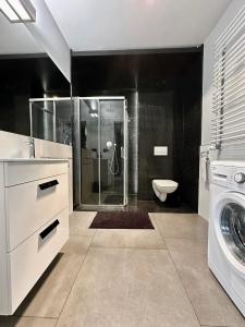 卡利什LuxApart Kalisz的带淋浴和洗衣机的浴室