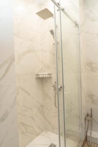 比什凯克Gastello hotel的浴室里设有玻璃门淋浴
