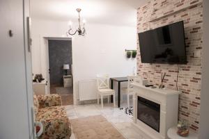 皮亚特拉-尼亚姆茨Urban Oasis的客厅设有壁炉和砖墙上的电视