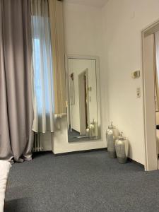 瓦尔茨胡特田根Waldshut Stadt Ferien Wohnung的客房设有镜子和带窗帘的窗户。