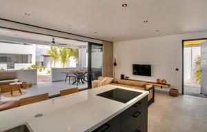 简蒂埃尔Zon&zo Luxurious Apartment in Jan Thiel的厨房以及带沙发和桌子的客厅。