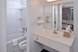 格林维尔Budget Inn的一间带水槽、卫生间和镜子的浴室