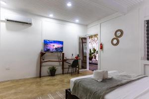 托尔图格罗El Deseo Serendipity Tortuguero的一间卧室配有一张床、一张桌子和一台电视。