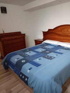 AloveraApartamento Triana的一间卧室配有一张带蓝色棉被和梳妆台的床