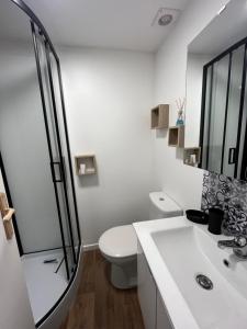 拉布尔布勒Villa La Butte的白色的浴室设有卫生间和淋浴。