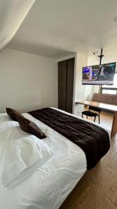 纳塔列斯港Origenes Apartments的卧室配有一张白色大床和电视。