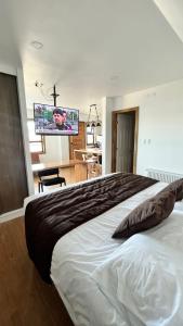 纳塔列斯港Origenes Apartments的一间卧室设有一张大床和一台平面电视。