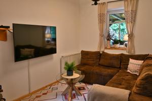 耶泽尔斯科Chalupa Tomas Jezersko的客厅配有棕色沙发和电视