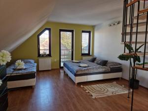 尼特拉Apartmány Lužianky的一间卧室配有一张床、一张沙发和窗户。