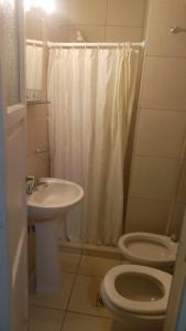 门多萨Hotel Cristal的一间带水槽、卫生间和淋浴的浴室