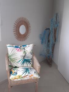 勒罗贝尔A L'Arche Bleue的藤椅,带枕头和镜子