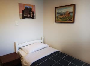 奥克兰Nice house on Wesley Auckland的卧室配有一张床,墙上挂有两张照片