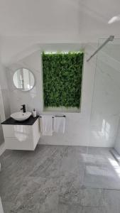 维也纳Hagenauer House的一间带水槽和绿色墙壁的浴室