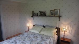 斯托克马克内斯Bårdstua的一间卧室配有一张带两盏灯的床,墙上挂有图片