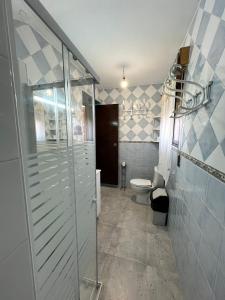 雷阿尔城Hostal Cabañeros的一间带玻璃淋浴和卫生间的浴室