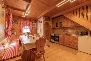 博德森特克Rudnica Hill Lodge - Happy Rentals的一个带木制橱柜和桌子的厨房