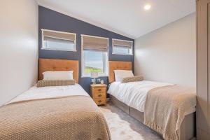 巴森斯韦特Oak Tree Timber Holiday Lodge的卧室设有两张床铺,拥有蓝色的墙壁和窗户