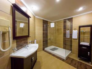 拉各斯Black Diamond Hotel的一间带水槽、淋浴和卫生间的浴室
