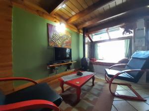 拉安戈斯图拉镇Cabañas con costa al lago, Kalfulafquen的客厅配有椅子、桌子和电视