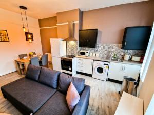 利物浦Nice and comfy 1 bedroom apartment!的带沙发的客厅和厨房